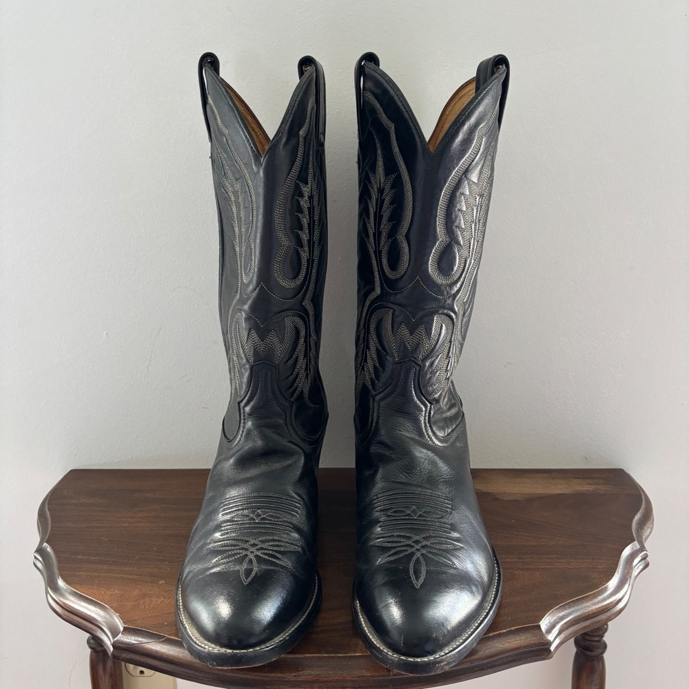 Men's 10D Vintage TONY LAMA Black Leather Stitched Cowboy Western Boots 2914 - Picture 2 of 6